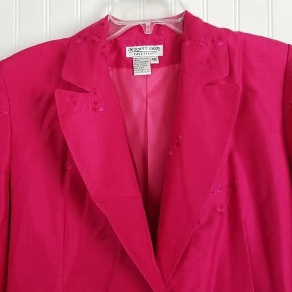 Newport News Silk Long Blazer Jacket Knee Length Embroidered Flowers Pink Sz 12 - Picture 10 of 13